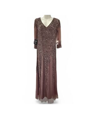 Pisarro Nights Beaded V-Neck Maxi Dress Size 8 | Rose Taupe Formal Gown